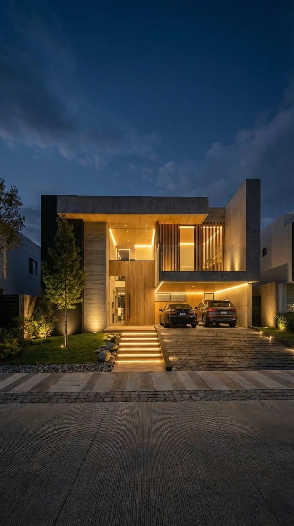 Casa Alvarado iluminada al anochecer